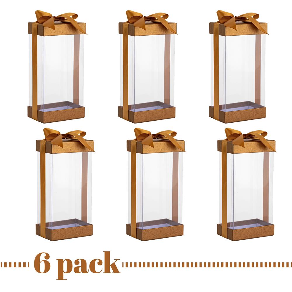 Plastic Gift Boxes 6 Pack Bakery Boxes With Base Lid & Ribbon Gold 7.5X3.75X2.5"