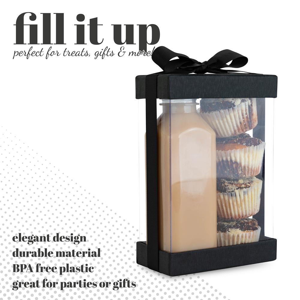 Plastic Gift Boxes With Base Lid & Ribbon Black 7.5X5X2.5" 6 Pack Bakery Boxes