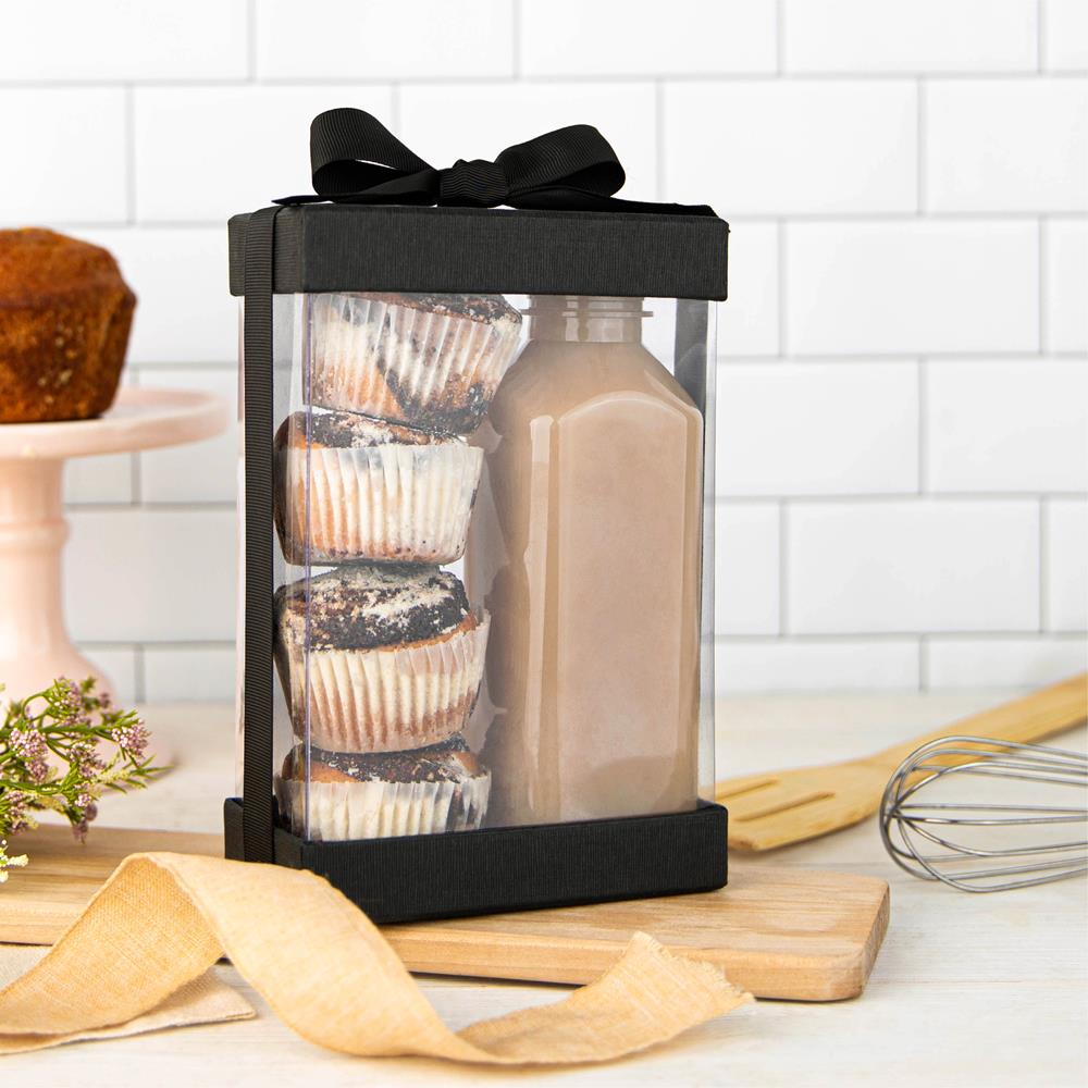 Plastic Gift Boxes With Base Lid & Ribbon Black 7.5X5X2.5" 6 Pack Bakery Boxes