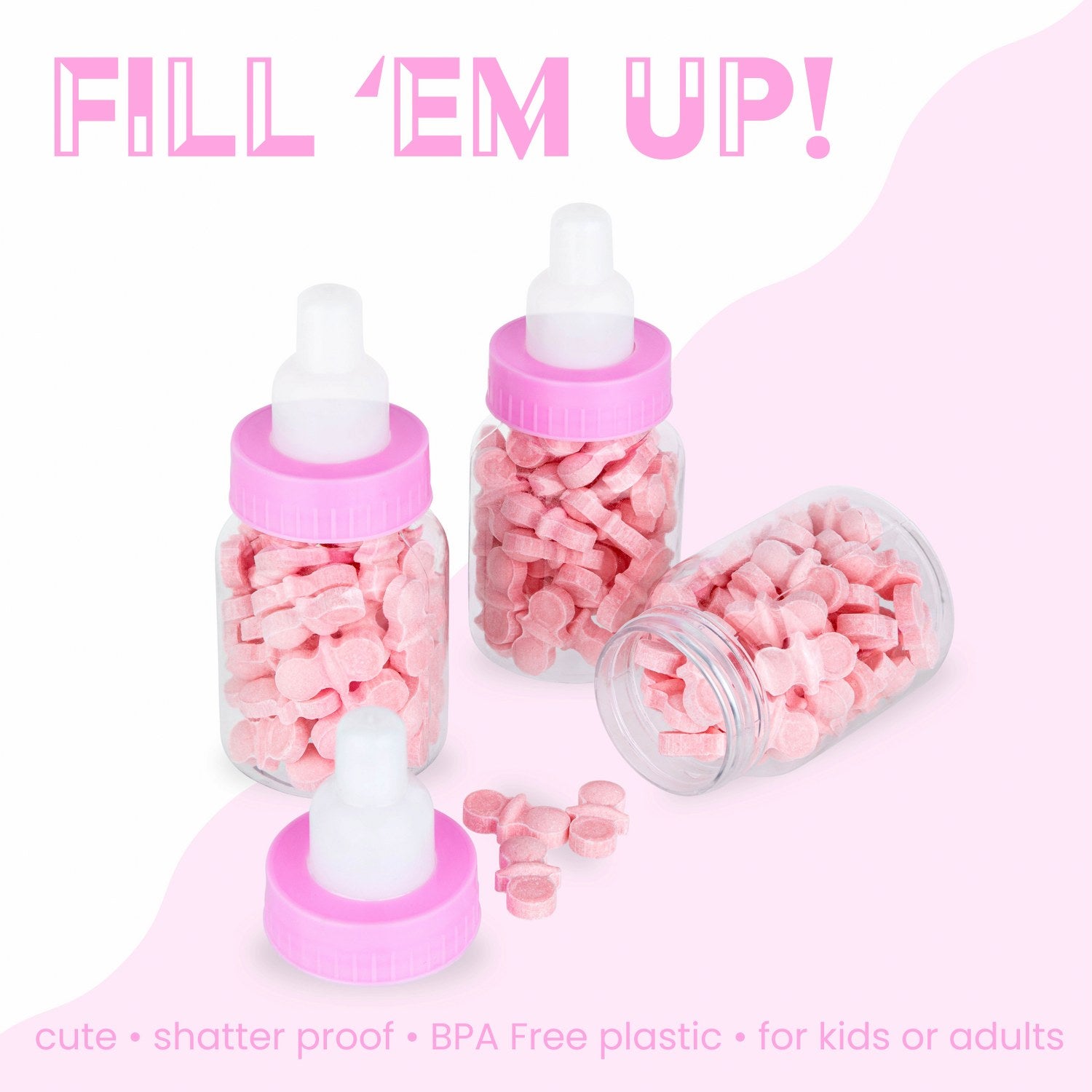 Pink Baby Girl Bottle Shaped Acrylic Candy Boxes 36 Pack 1.5"X3.5"