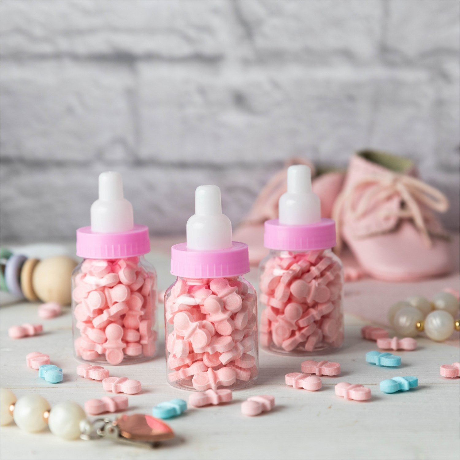 Pink Baby Girl Bottle Shaped Acrylic Candy Boxes 36 Pack 1.5"X3.5"
