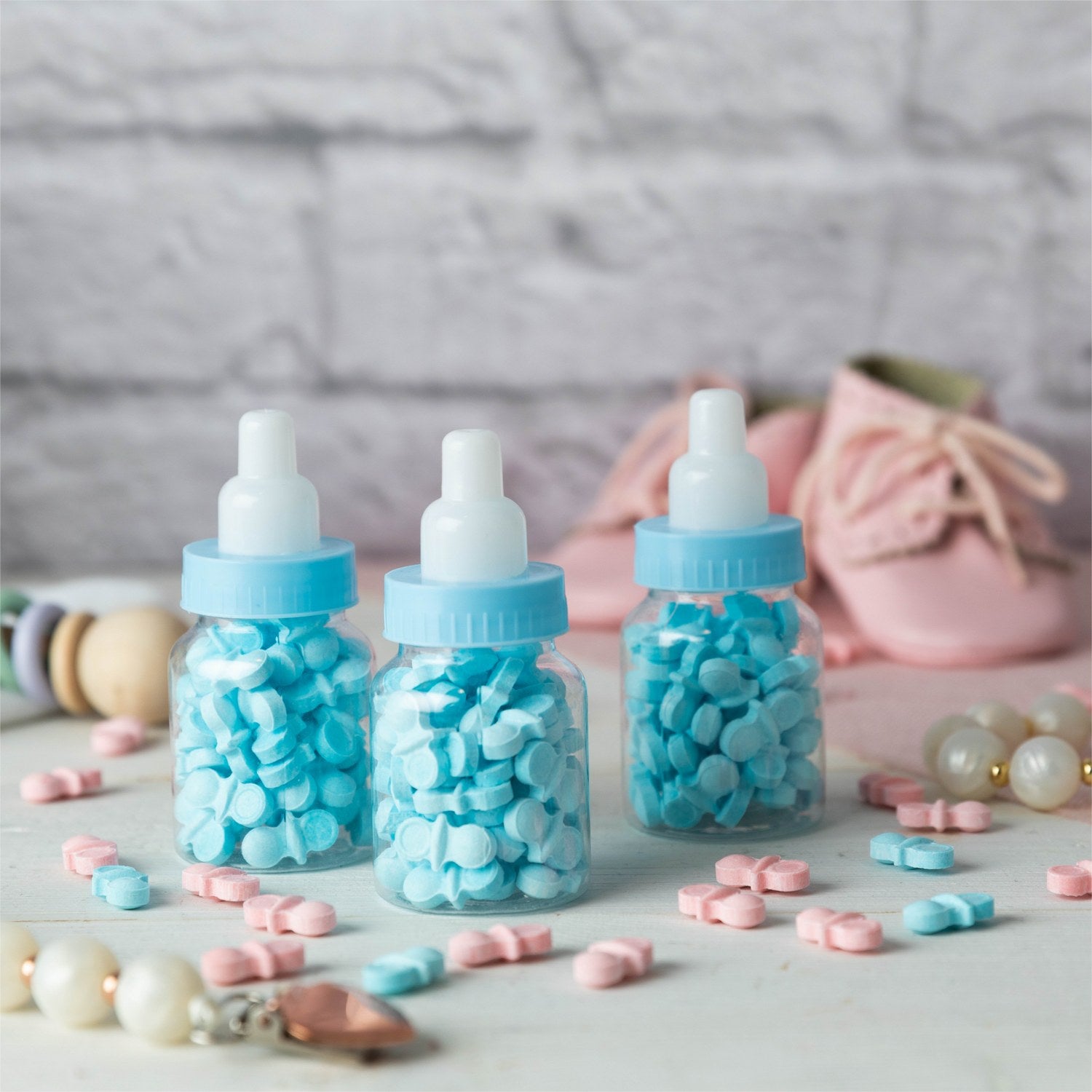 Blue Baby Boy Bottle Shaped Acrylic Candy Boxes 36 Pack 1.5"X3.5"