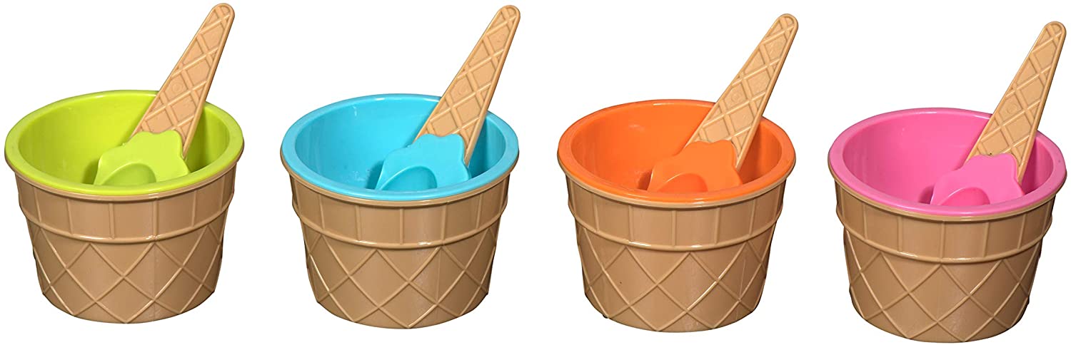 Ice Cream Bowls And Spoons Orange Pink Light Green Sky Blue