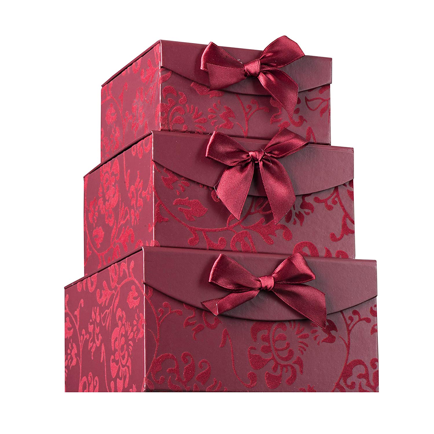 Burgundy Small Swirl Nesting Elegant Christmas Gift Boxes Set Of 3