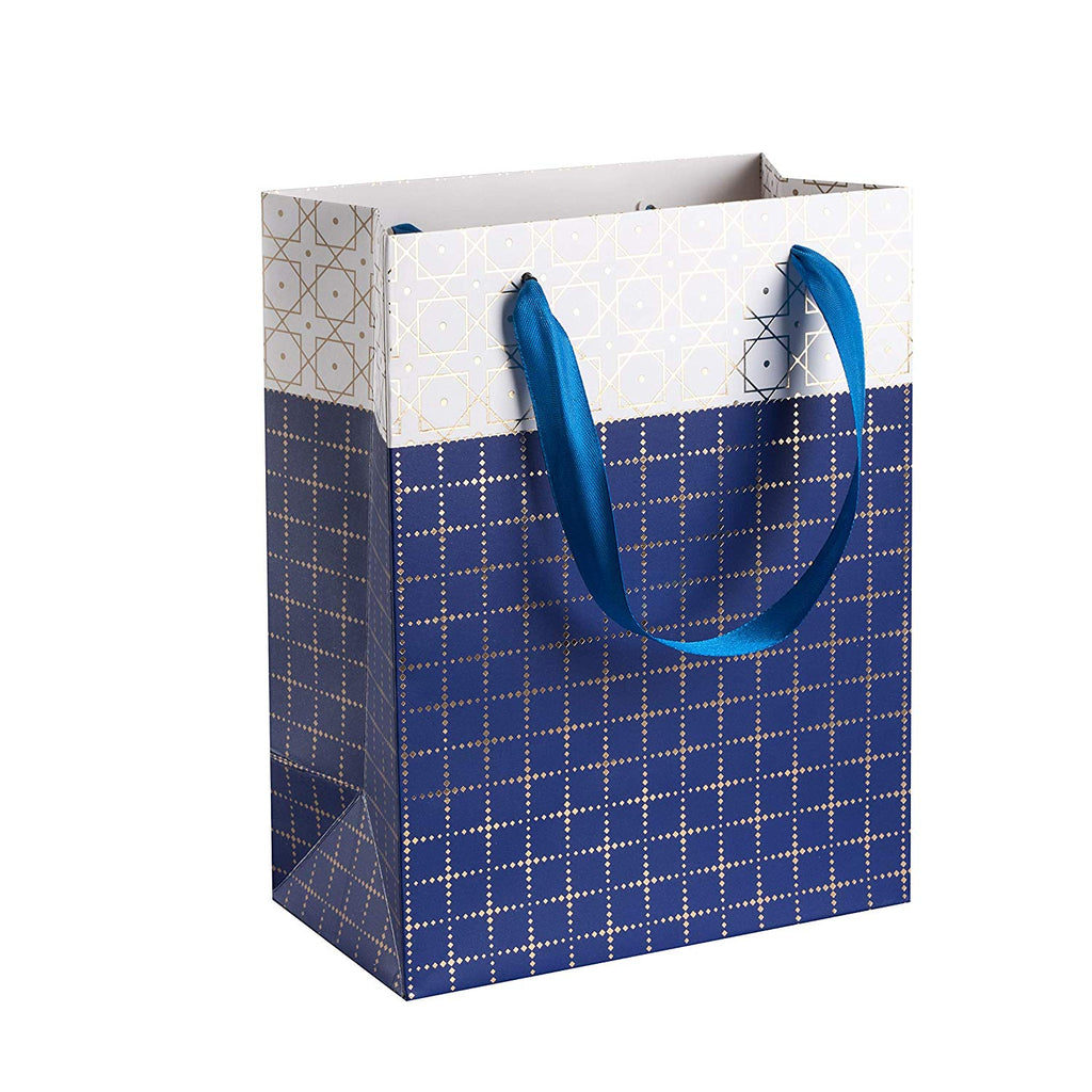 Small Box Design Foil Stamped Gift Bags Set 12 Pack 9"X 7"X 4" Blue