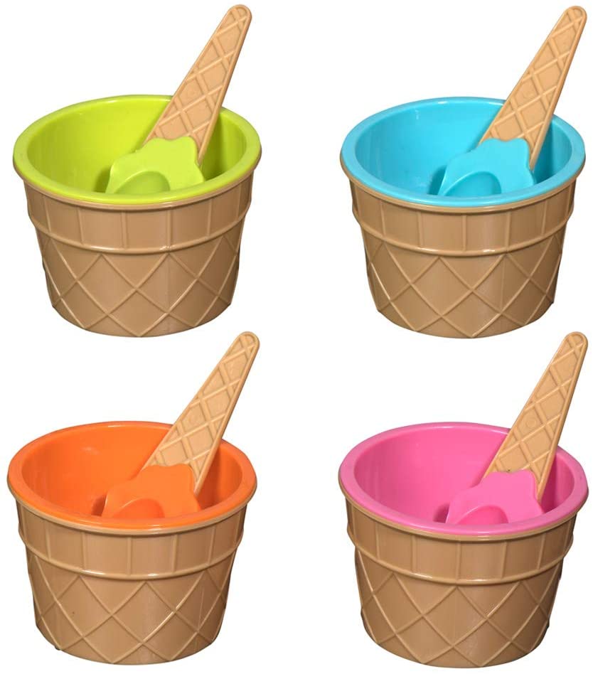 Ice Cream Bowls And Spoons Orange Pink Light Green Sky Blue