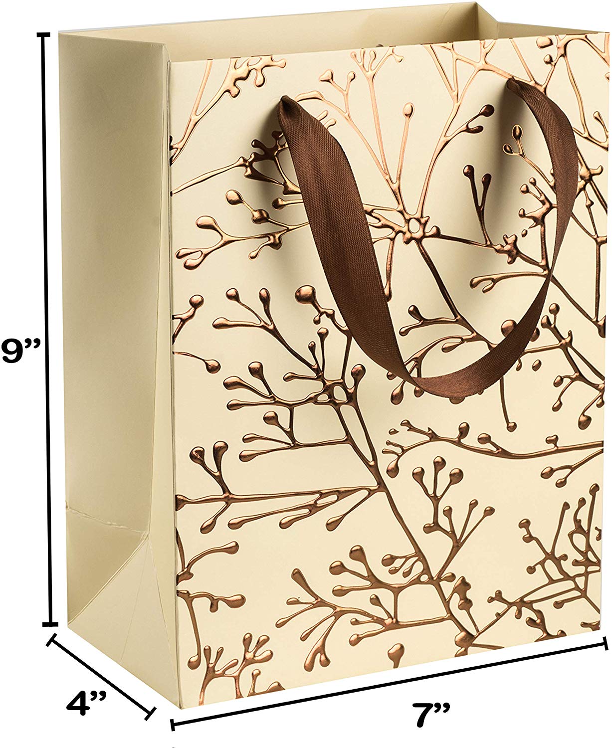 Floral Stems Design 9"X 7"X 4" Bisque Foil Stamped Gift Bags 12 Pack