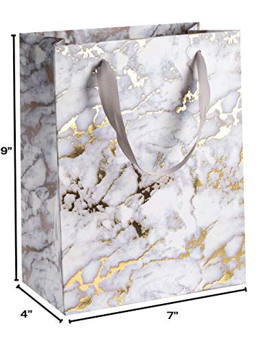 White Marble Design Foil Stamped Gift Bags 12 Pack 9"X 7"X 4"