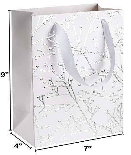 White Floral Stems Design Foil Stamped Gift Bags 12 Pack 9”x 7”x 4”