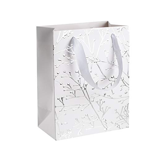 White Floral Stems Design Foil Stamped Gift Bags 12 Pack 9”x 7”x 4”