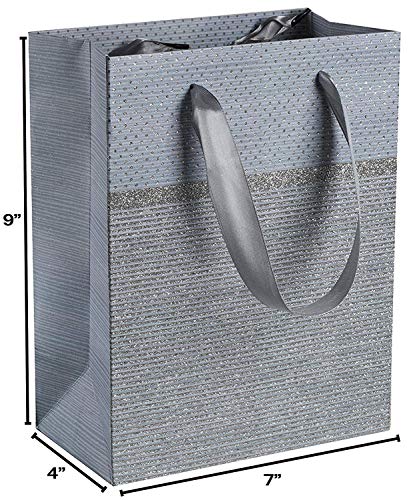 Grey Sparkling Glitter Gift Bags 12 Pack 9"X 7"X 4"