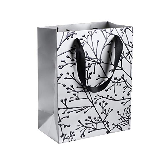 Floral Stems Design 9"X 7"X 4" Silver Foil Stamped Gift Bags 12 Pack