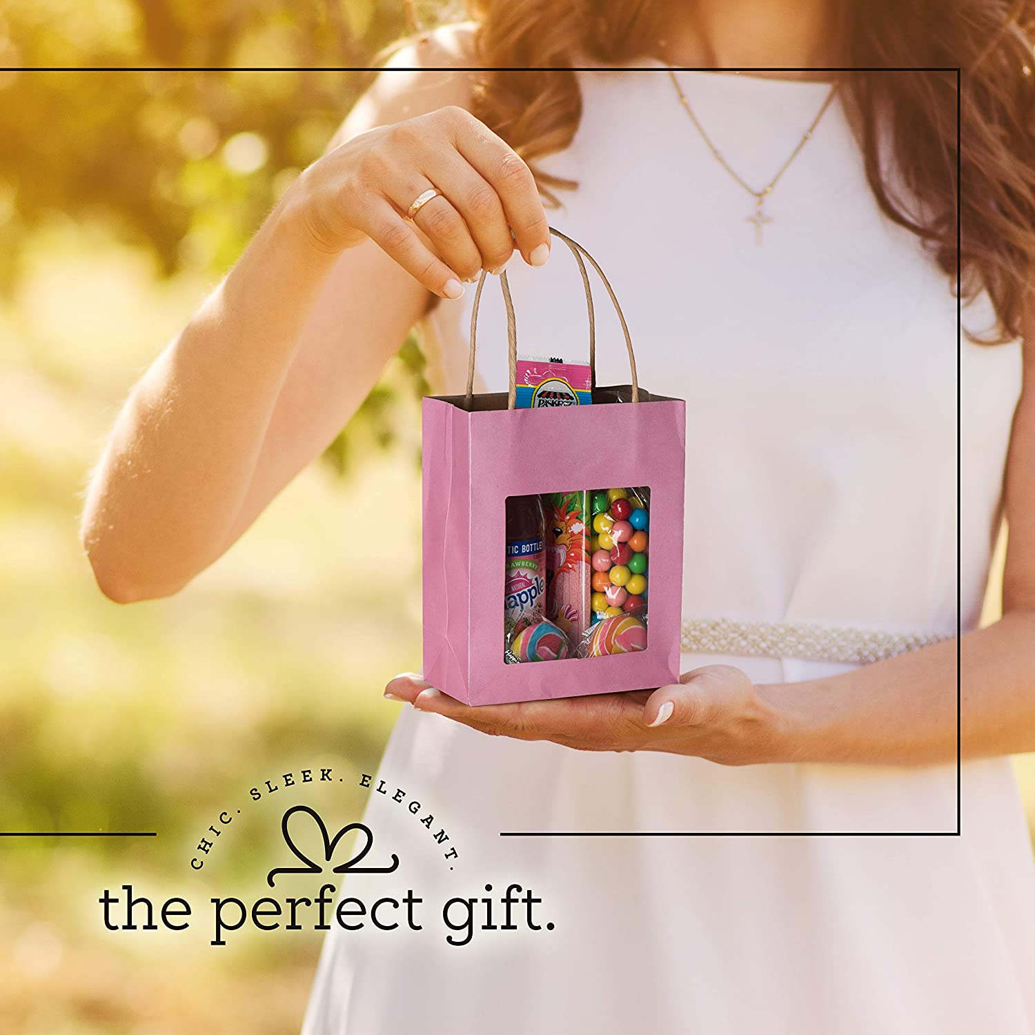 Pink Kraft Paper Bag With Window 10 Pack 7.75"X 6.25"X 3"