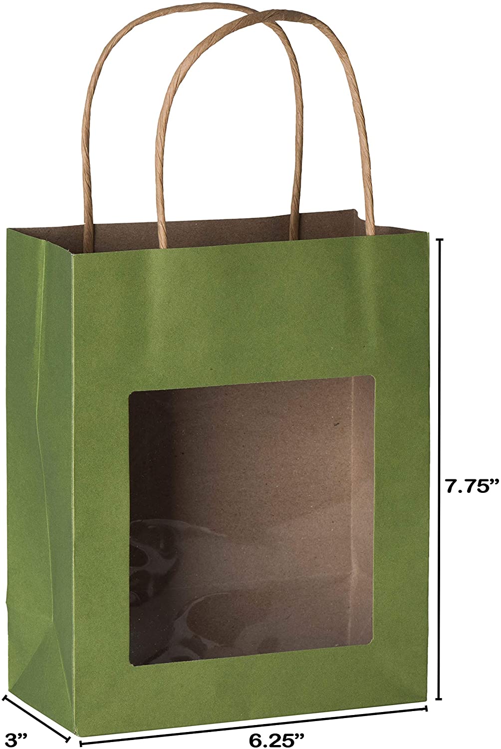 Green Kraft Paper Bag With Window 10 Pack 7.75"X 6.25"X 3"