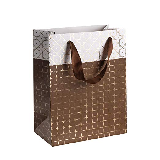 Small Box Design Foil Stamped 9"X 7"X 4" Brown Gift Bags Set 12 Pack