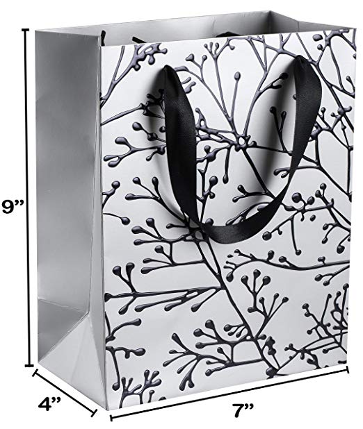 Floral Stems Design 9"X 7"X 4" Silver Foil Stamped Gift Bags 12 Pack