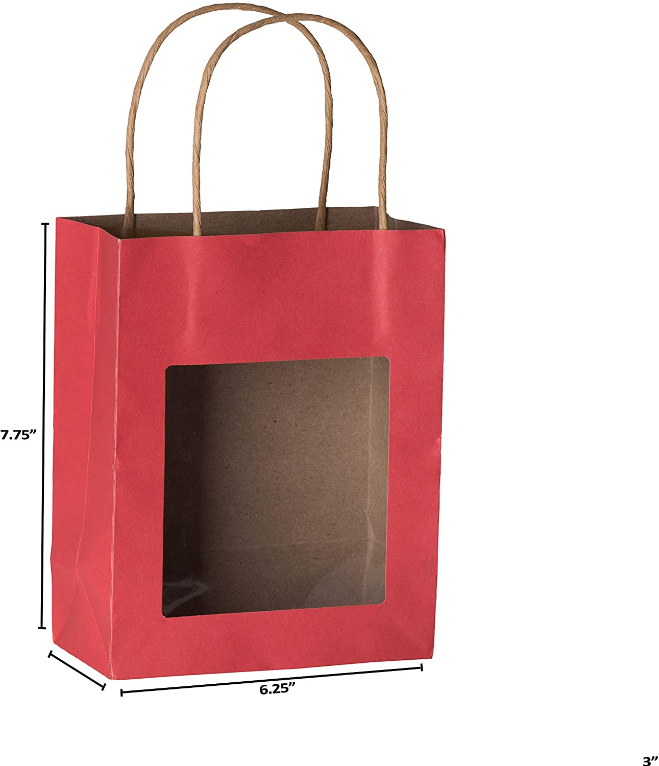 Red Kraft Paper Bag With Window 10 Pack 7.75"X 6.25"X 3"