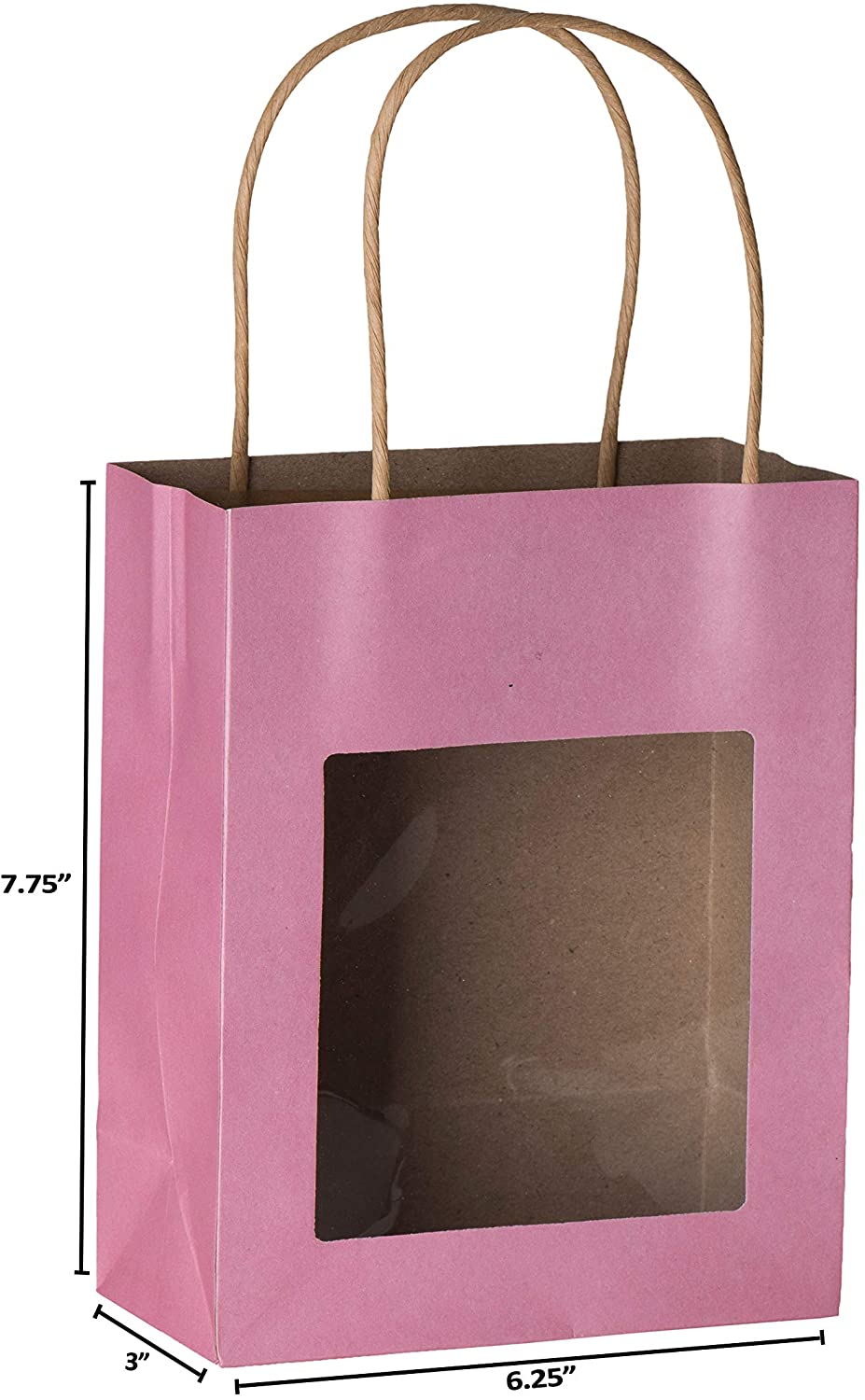 Pink Kraft Paper Bag With Window 10 Pack 7.75"X 6.25"X 3"