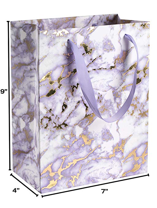 Marble Purple Design Foil Stamped Gift Bags 12 Pack 9"X 7"X 4"