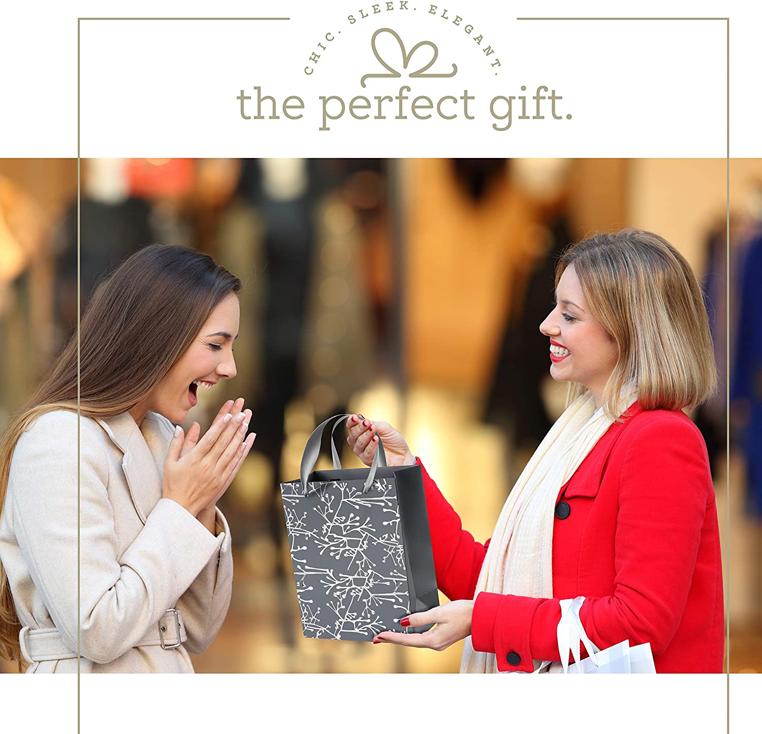 Grey Floral Stems Design Foil Stamped Gift Bags 12 Pack 9"X 7"X 4"