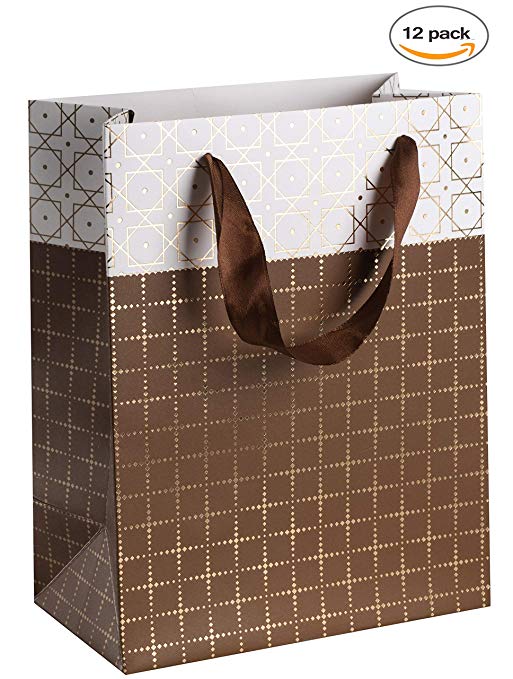 Small Box Design Foil Stamped 9"X 7"X 4" Brown Gift Bags Set 12 Pack