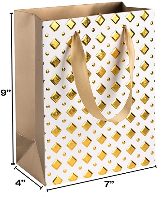 Foil Stamped Gift Bags 12 Pack 9"X 7"X 4" Golden