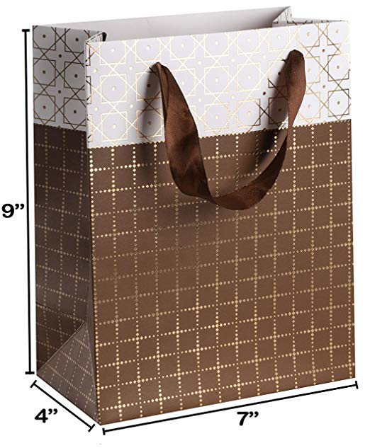 Small Box Design Foil Stamped 9"X 7"X 4" Brown Gift Bags Set 12 Pack