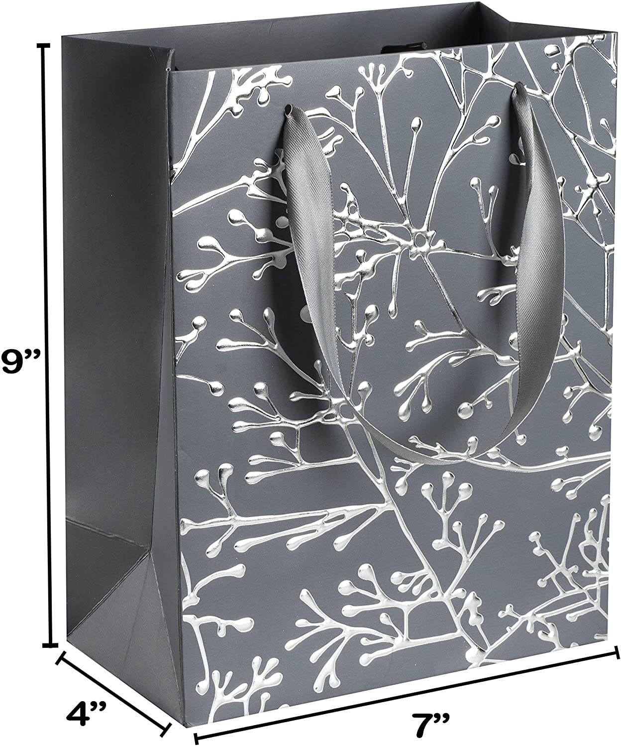 Grey Floral Stems Design Foil Stamped Gift Bags 12 Pack 9"X 7"X 4"
