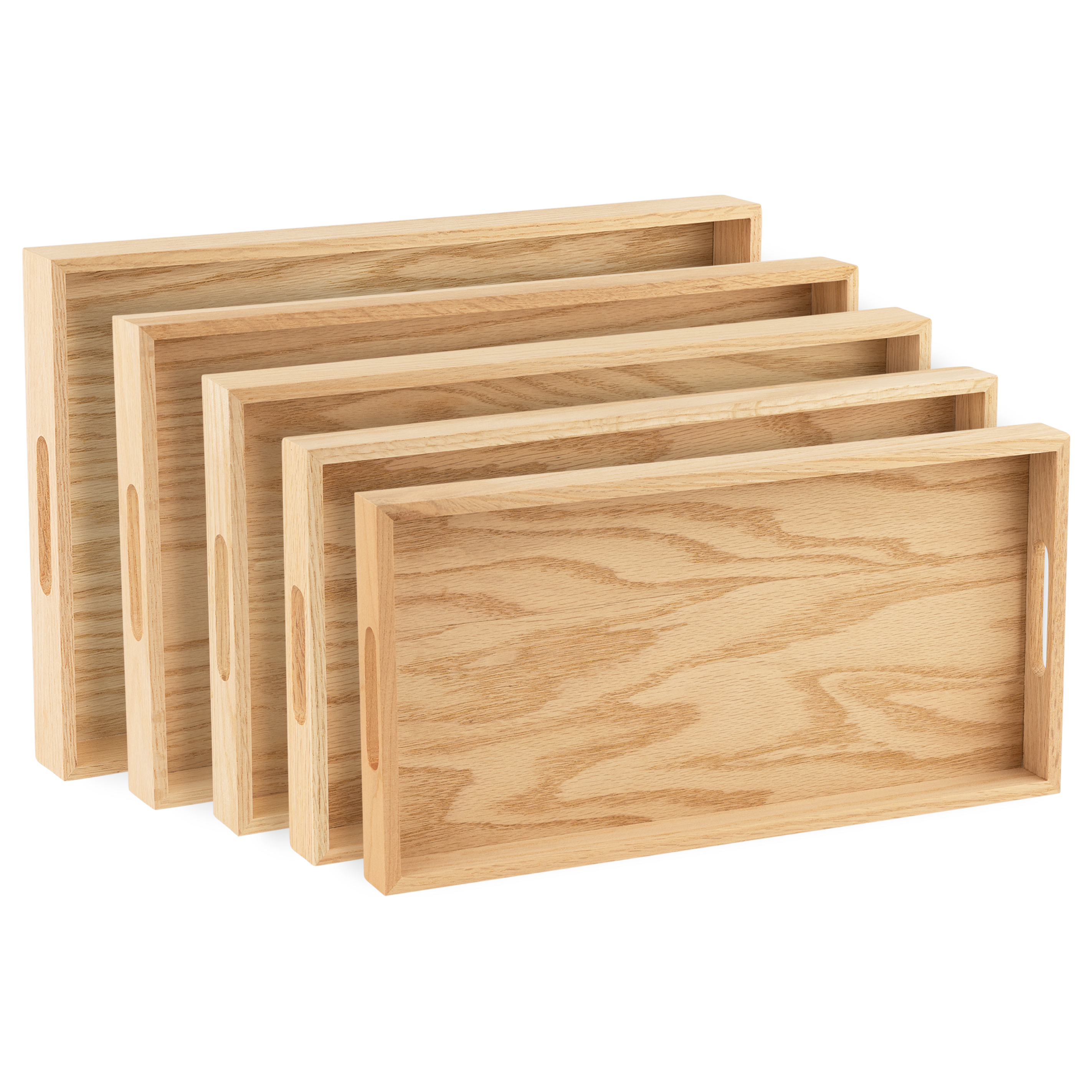 Oak Wood Nested Serving Trays  Five Piece Set of Rectangular Quality Wooden Trays with Cut Out Handles