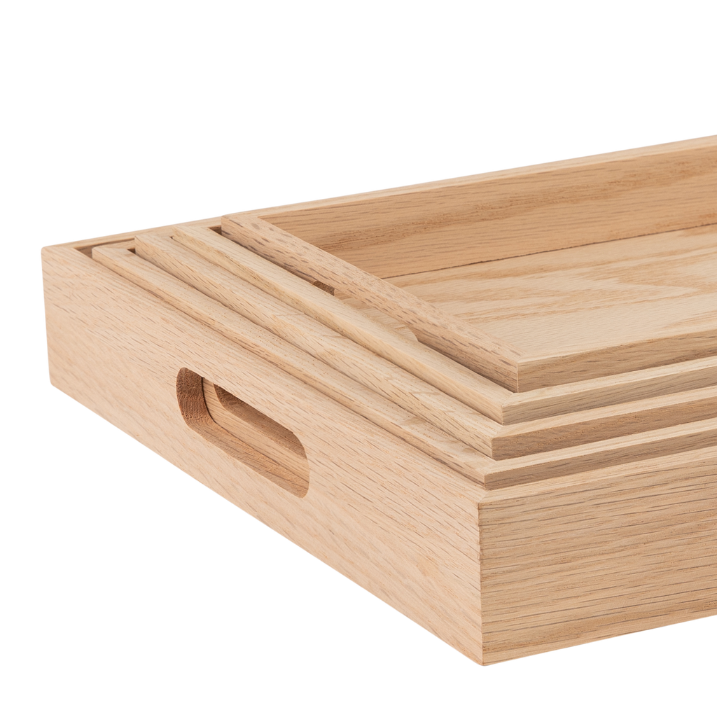Oak Wood Nested Serving Trays  Five Piece Set of Rectangular Quality Wooden Trays with Cut Out Handles