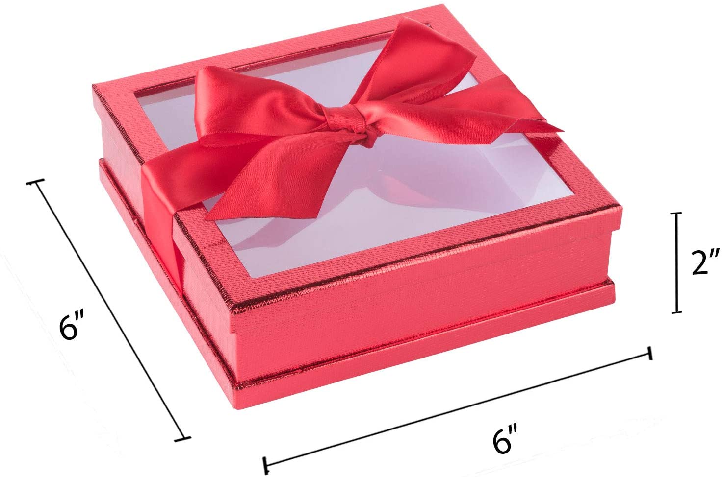 Clear Window Gift Boxes Red 7" X 7" X 2" 3 Pack With Ribbon