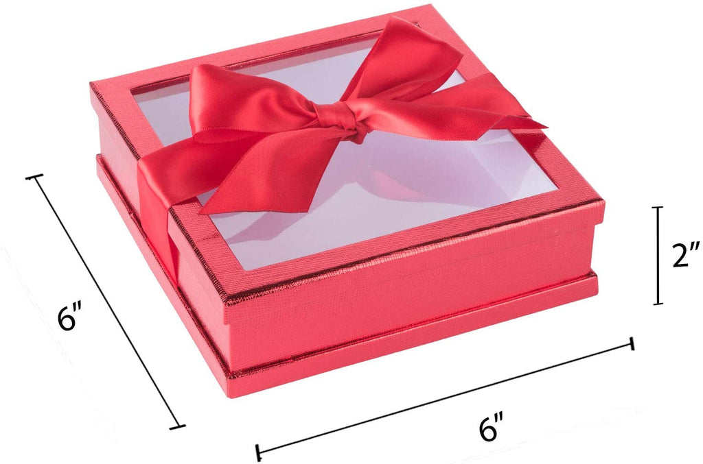 Clear Window Gift Boxes Red 6" X 6" X 2" 3 Pack With Ribbon