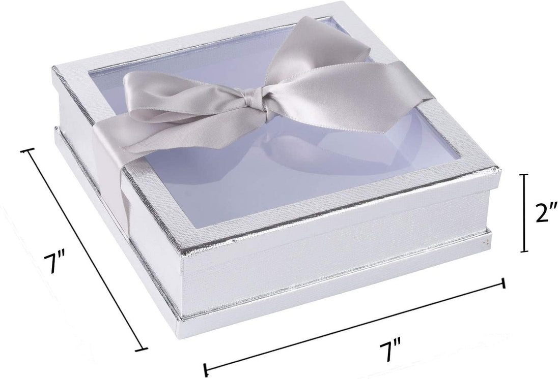 Clear Window Gift Boxes Silver 7" X 7" X 2" 3 Pack With Ribbon