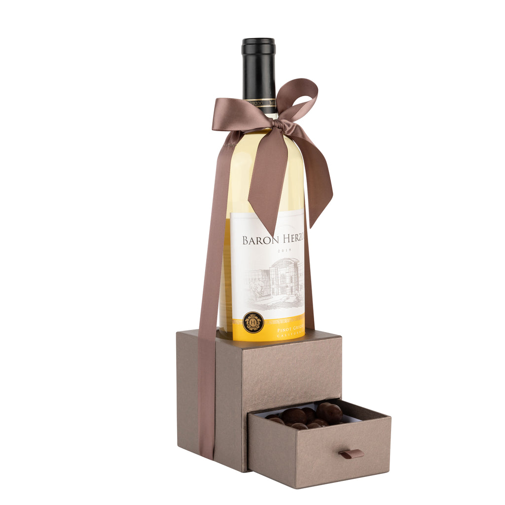 Brown Wine Bottle Gift Box with Pullout Drawer and Ribbon 3 pack 4”x4”x4”