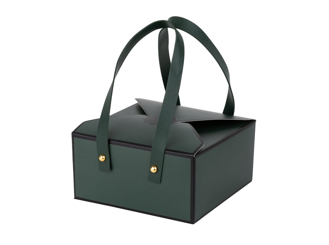 Green 4 Pack of Bakery Boxes Decorative Gift Boxes with Leather Handles– 6x6x3 inch