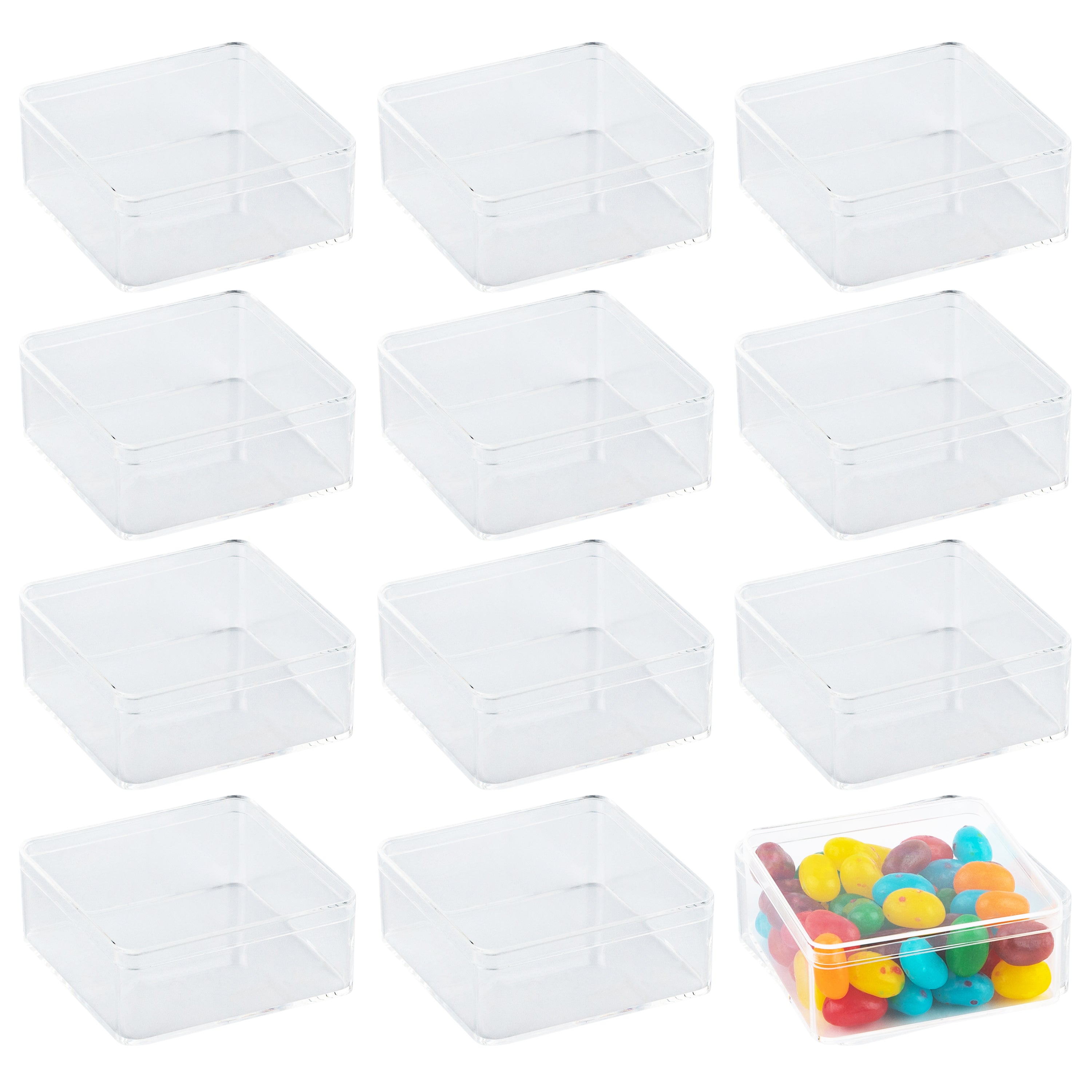 Clear Acrylic Boxes with Lid 3.375x3.375x1.37 Inches Pack of 12 Storage Box, Gift Box and Treat Box. Lucite Cube Display Boxes
