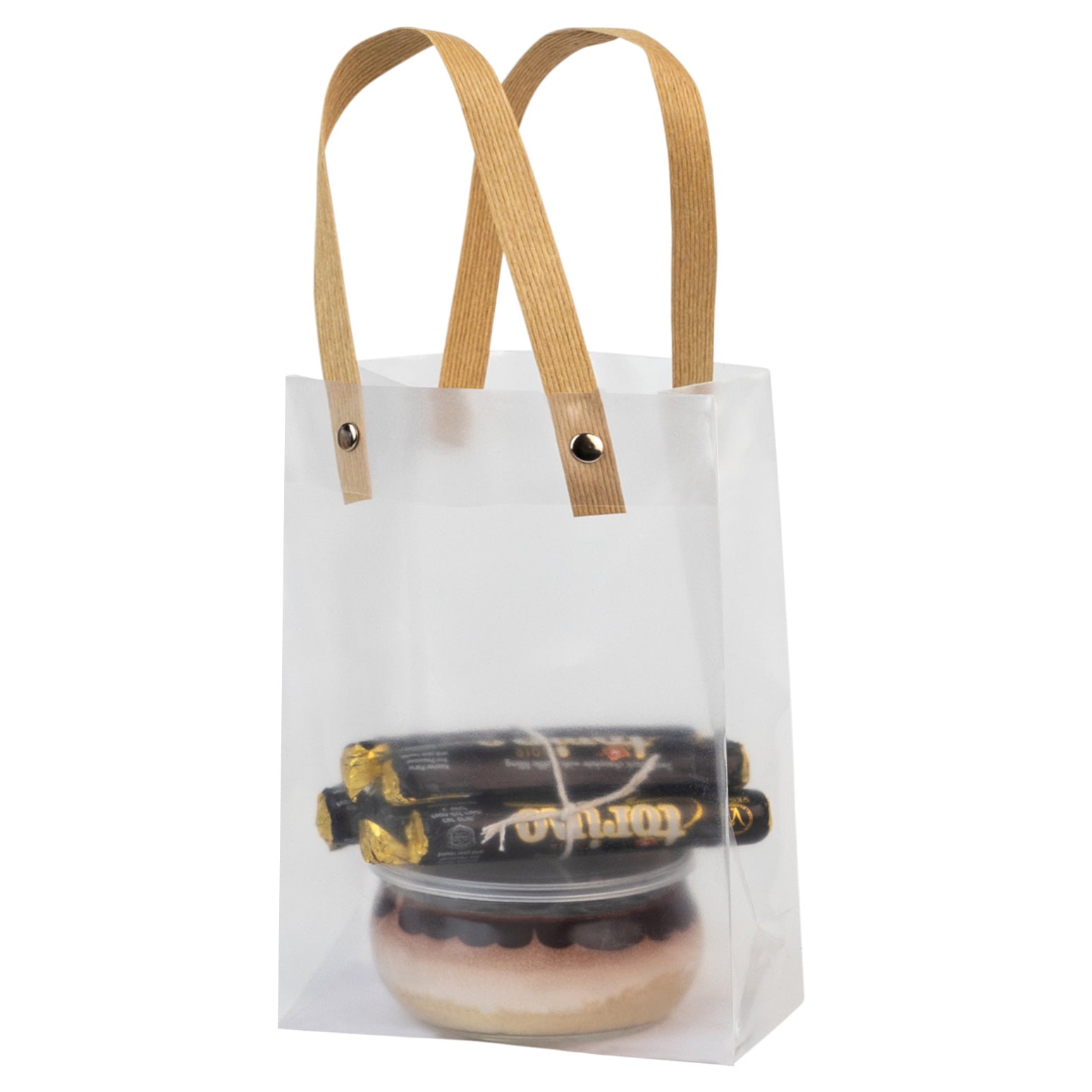 Clear Plastic Bag 7.5X5.25X2.75 Inches With Brown Straw Handle 10 Pack