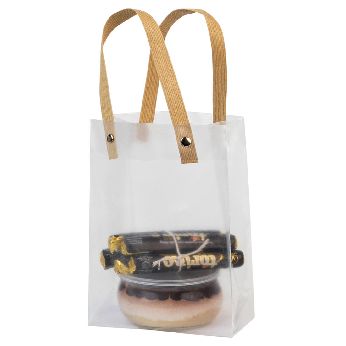 Clear Plastic Bag 7.5X5.25X2.75 Inches With Brown Straw Handle 10 Pack