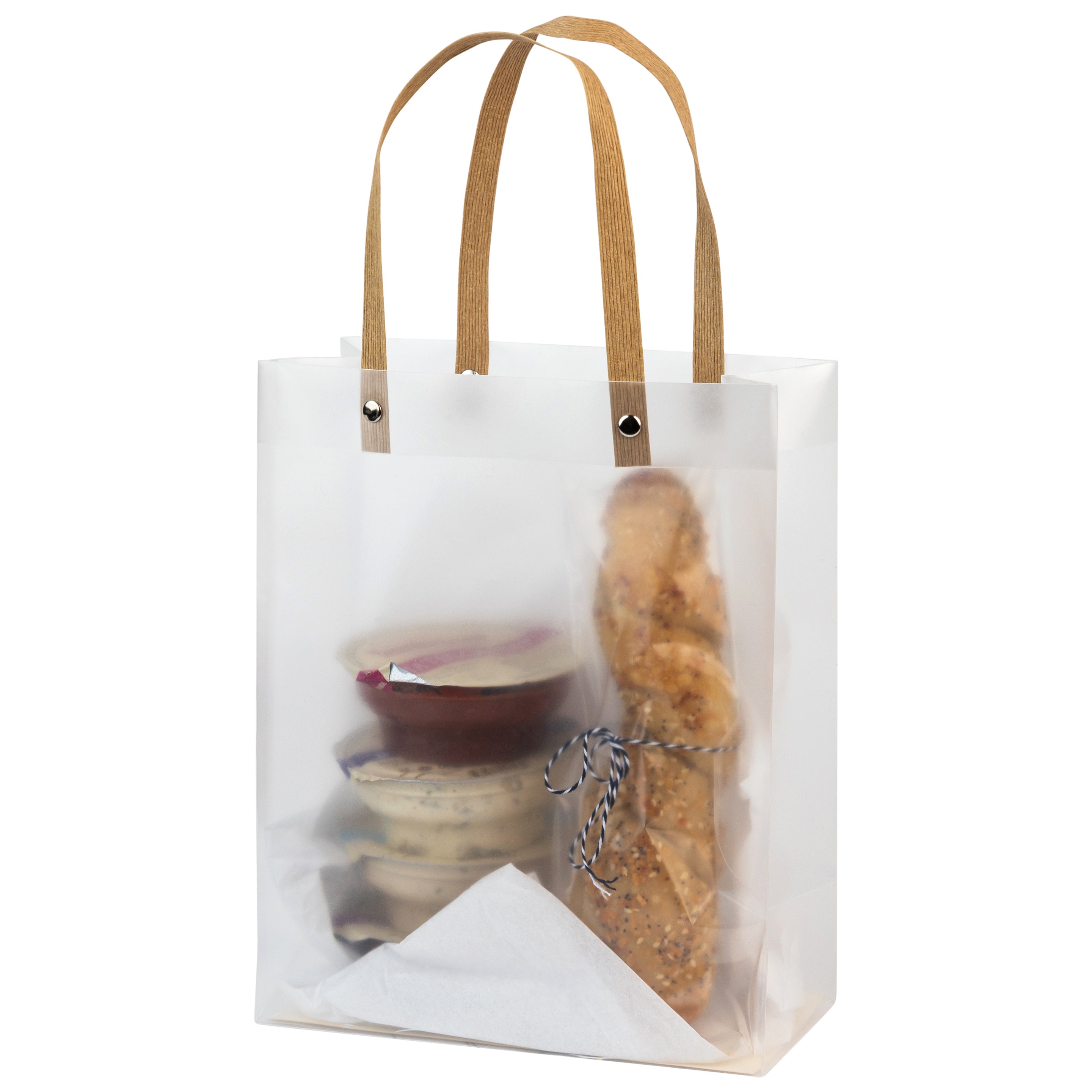 Clear Plastic Bag With Brown Straw Handle 9.75X7.75X4 Inches 10 Pack