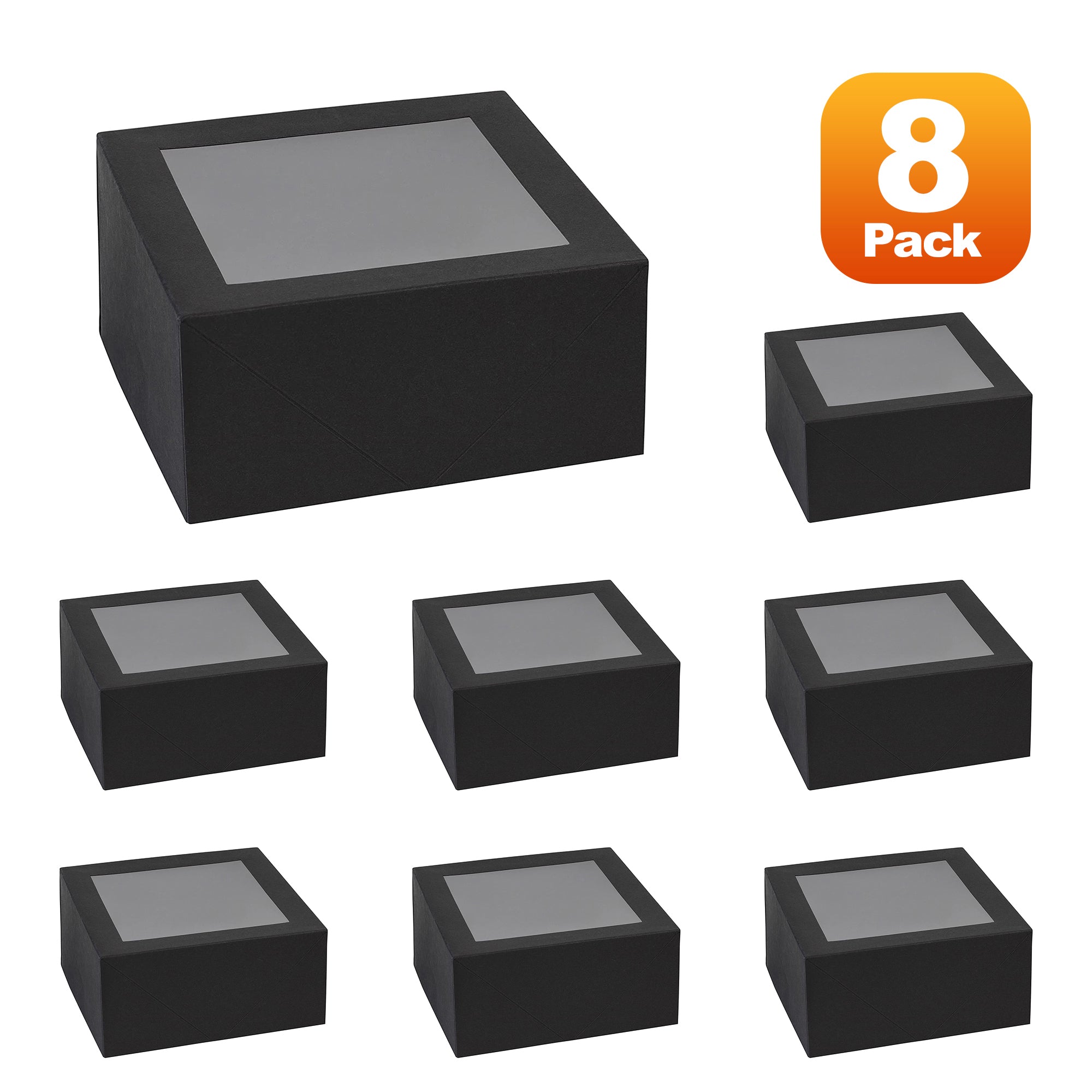 Square Bakery Boxes with window 8 Pack Black 6X6X3"