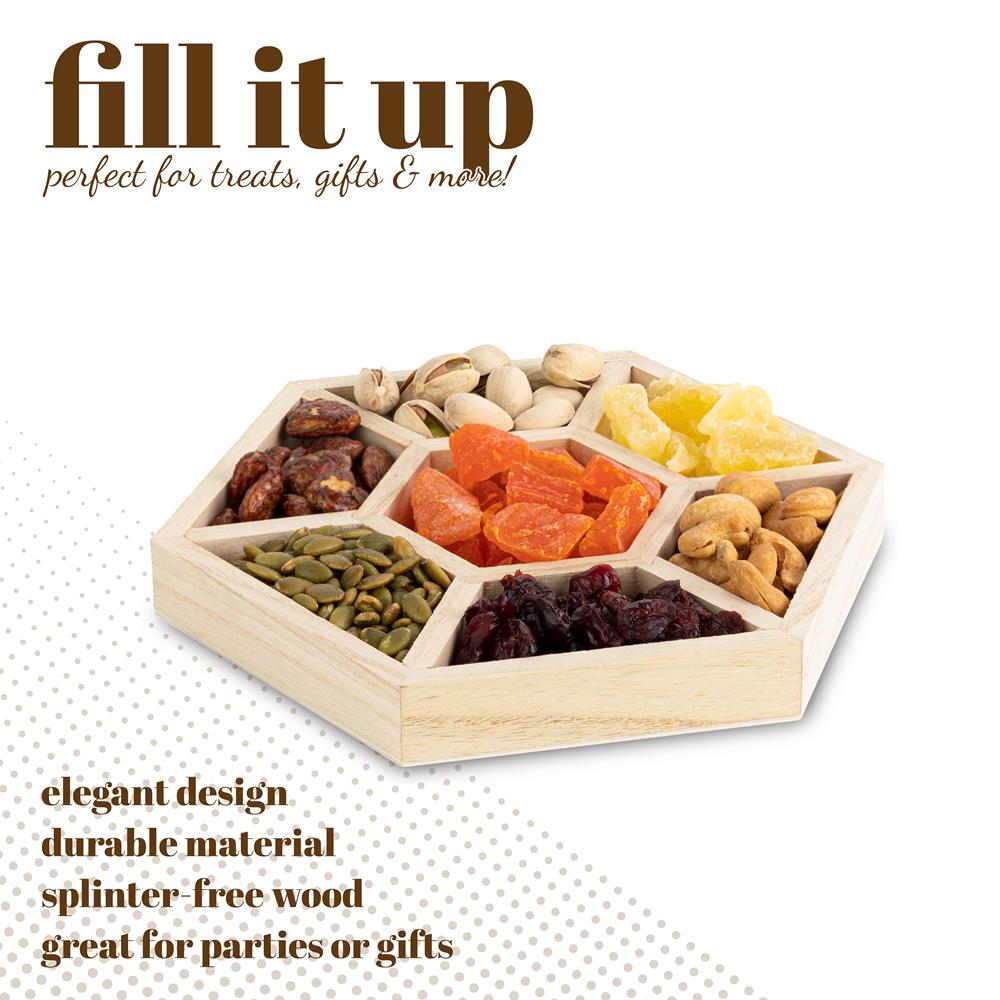 Hexagon Wooden Trays with sections 3 Pack 8.5"X8.5"X1"